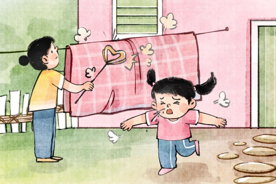 摄图网_700001865_手绘水墨过敏源知识之妈妈拍被子女孩过敏打喷嚏插画(企业商用).jpg